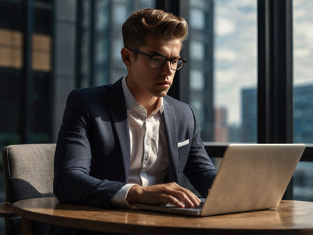 Serious young businessman working on laptop while sitting at table in officeの素材