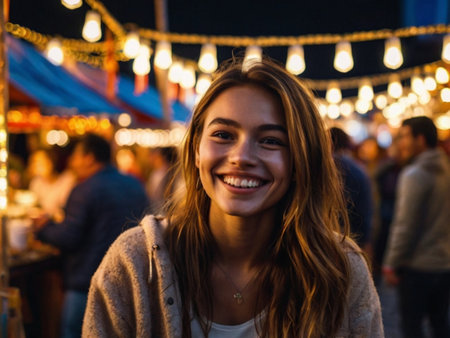 Portrait of a smiling young woman at a street food festival.の素材