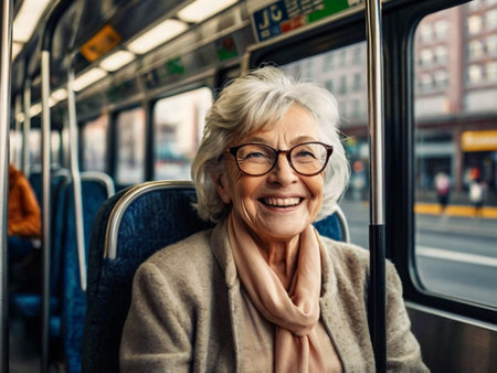 senior woman in eyeglasses smiling and looking away in trainの素材