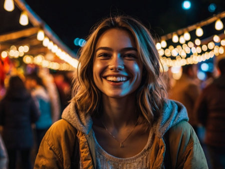 Portrait of a smiling young woman at a street food festival.の素材