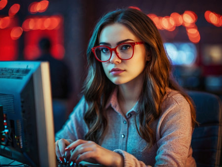 Portrait of beautiful young woman working on computer at night in cafeの素材