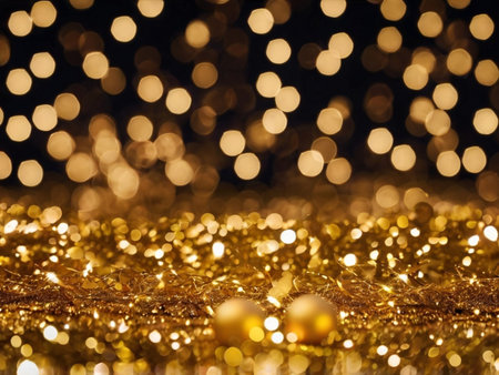 Golden christmas background with bokeh defocused lights and starsの素材