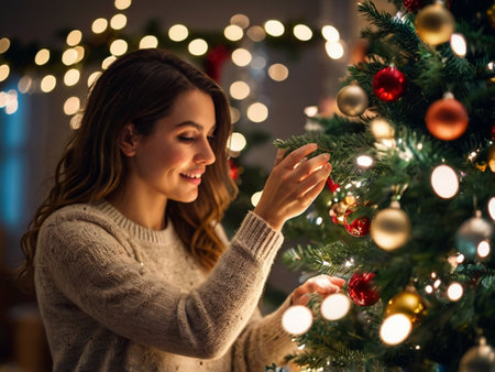 happy young woman decorating christmas tree in living room at homeの素材