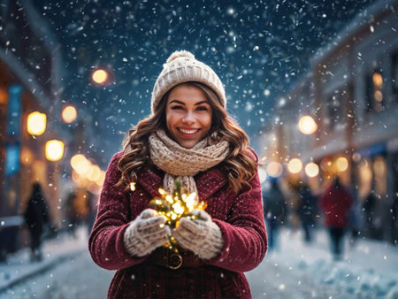 Portrait of a beautiful young woman in winter clothes holding christmas lightsの素材