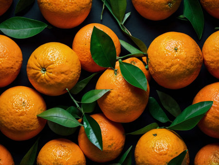 Tangerines with leaves on a black background. Top view.の素材