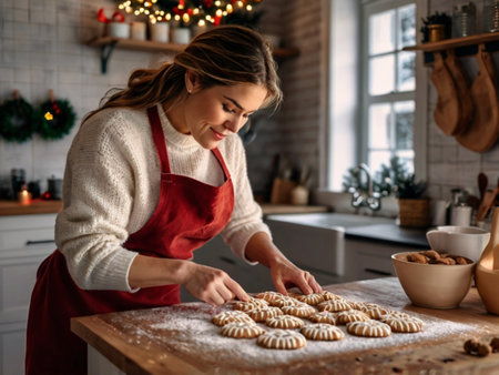 Beautiful young woman is preparing cookies in the kitchen at home.の素材