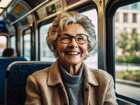 senior woman in eyeglasses smiling and looking at camera in trainの素材