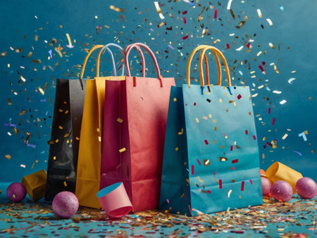 Paper shopping bags with confetti and ribbons on blue background.の素材