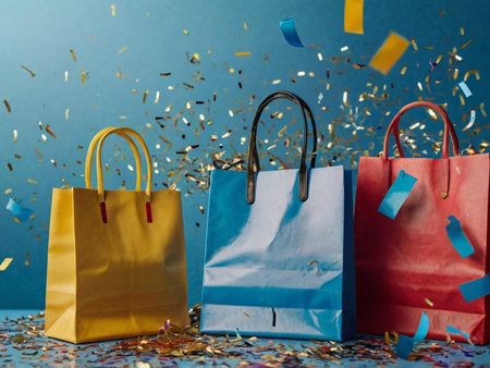 Shopping bags and confetti on blue background. Shopping concept.の素材