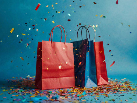 Shopping bags and confetti on a blue background. The concept of shopping, sales, discounts.の素材