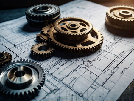Gear wheels and blueprint on the table. Engineering concept. Toned.の素材