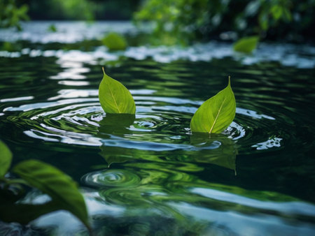 Green leaves on the surface of the water. Beautiful nature background.の素材