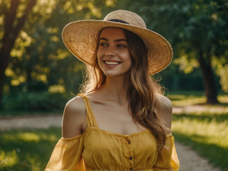 happy young woman in straw hat smiling at camera while walking in parkの素材