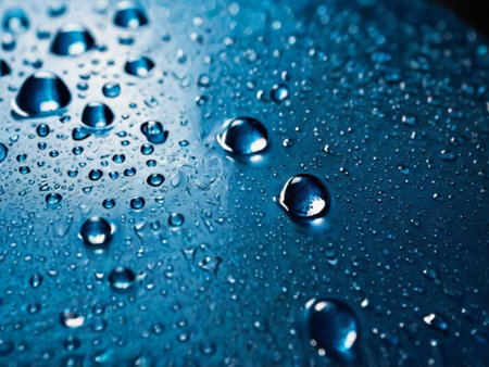 Water drops on blue metal surface. Abstract background. Shallow depth of field.の素材
