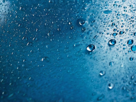 Water drops on blue glass. Abstract background with shallow depth of field.の素材