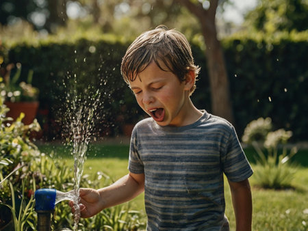 Little boy watering plants in the garden. Kid playing with water.の素材