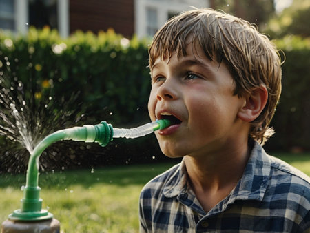 Boy playing with a water hose in the garden. Close up.の素材