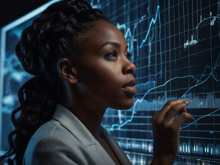 Side view of thoughtful African American businesswoman looking at forex chartの素材