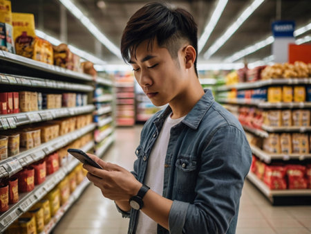 Young Asian man using smartphone while shopping in supermarket. Shopping conceptの素材