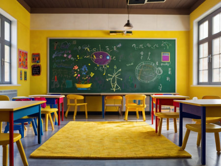 School classroom with colorful chairs, desk and blackboard on the wallの素材