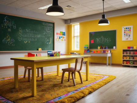 Classroom with table and chairs in primary school. Selective focusの素材