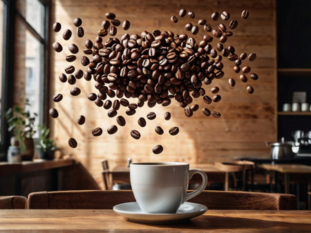 Coffee beans flying out of a cup on a wooden tableの素材