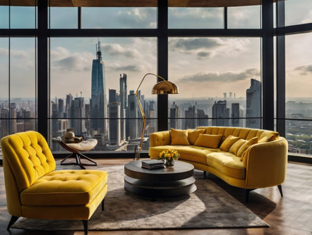 Luxury living room interior with yellow sofa, coffee table and city viewの素材