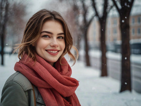 Portrait of a beautiful girl in a red scarf on a background of a winter streetの素材