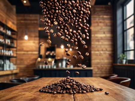 Coffee beans falling on a wooden table in a coffee shopの素材