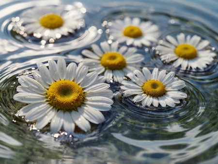 Beautiful daisies in the water. Shallow depth of field.の素材