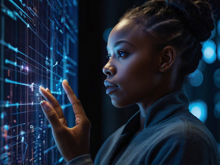 african american businesswoman working with virtual panel in office at nightの素材