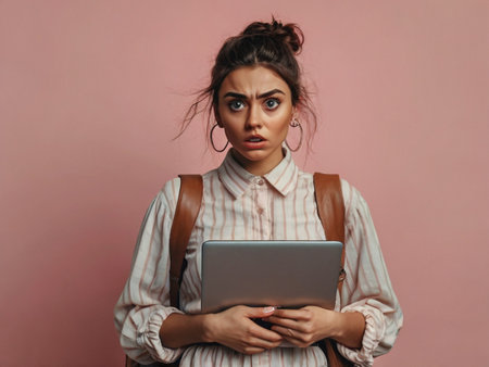 Portrait of a confused woman using tablet computer while standing against pink backgroundの素材