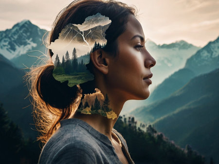 Portrait of a beautiful young woman on the background of the mountainsの素材