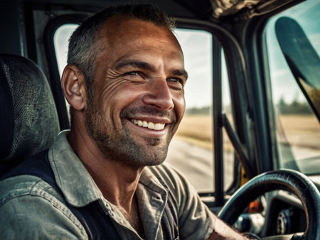 Portrait of a smiling man driving a car on a sunny dayの素材