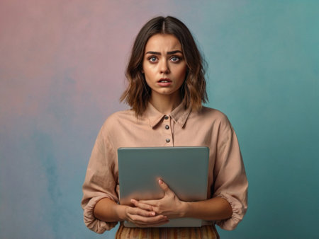 Portrait of a confused young woman using laptop computer isolated over blue backgroundの素材
