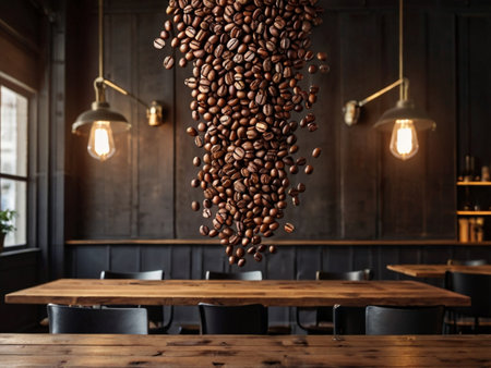 Coffee beans flying from a wooden table in a coffee shopの素材