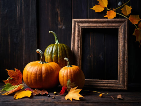 Autumn still life with pumpkins and frame on a dark wooden backgroundの素材