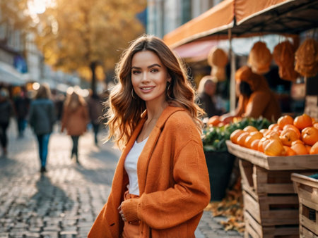 Beautiful young woman in orange coat walking on the autumn street.の素材