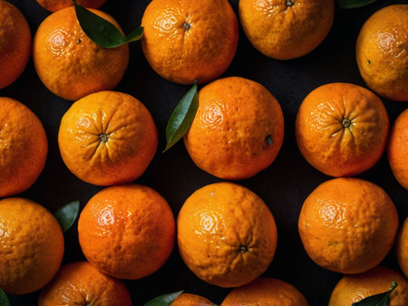 Fresh tangerines with leaves on a dark background. Top view.の素材