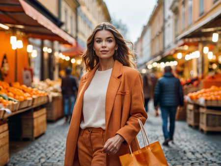 Portrait of a beautiful young woman with shopping bags in the city.の素材