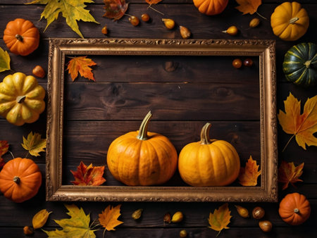 Autumn still life with pumpkins and autumn leaves on wooden backgroundの素材