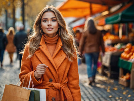 fashion outdoor photo of beautiful sensual woman with blond hair in elegant coat posing with shopping bags on the streetの素材