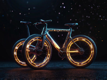 bicycle with neon lights on the road at night. 3d renderingの素材