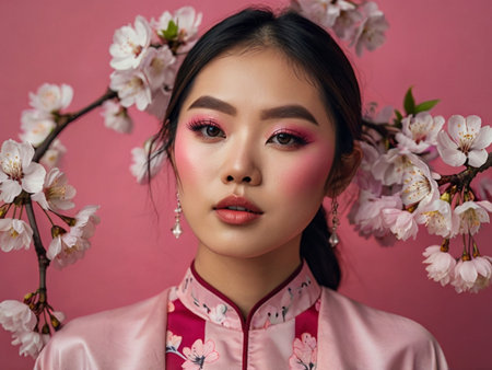 beautiful asian girl with pink makeup and cherry blossom on pinkの素材