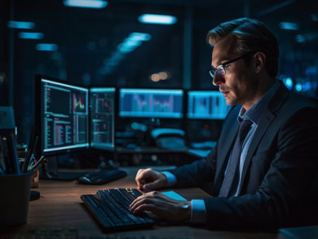 Serious mature businessman working on computer at night in dark office.の素材
