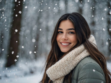 Beautiful brunette girl in winter forest. Snowfall. Winter fashion.の素材