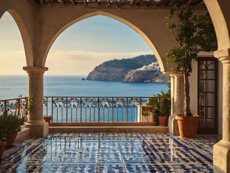 View of the sea from the terrace of a villa.の素材