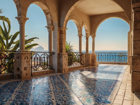 View of the sea through the arches of a villa in Sicilyの素材