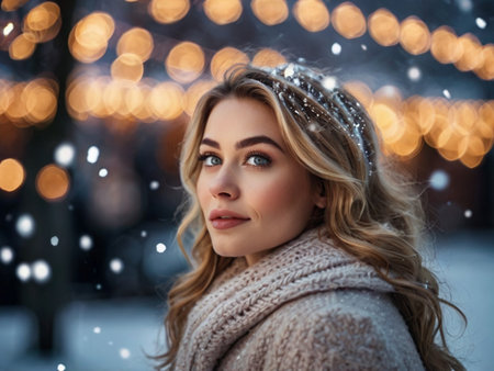 Beautiful young woman in a beige coat on the background of a winter cityの素材