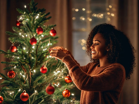 Beautiful african american woman decorating christmas tree at homeの素材